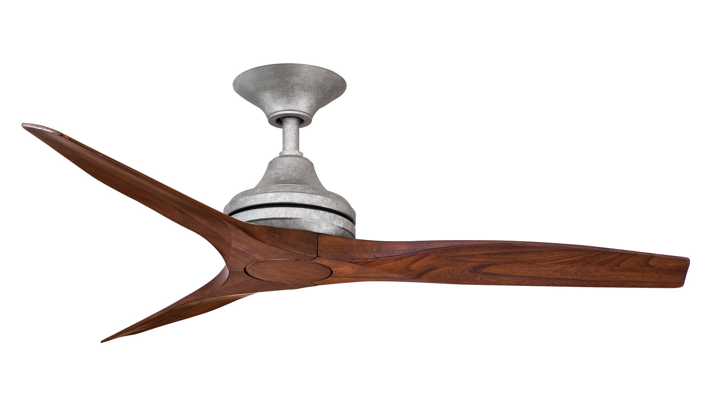 A Spitfire Ceiling Fan with Brushed Nickel and Whiskey Wood Blades