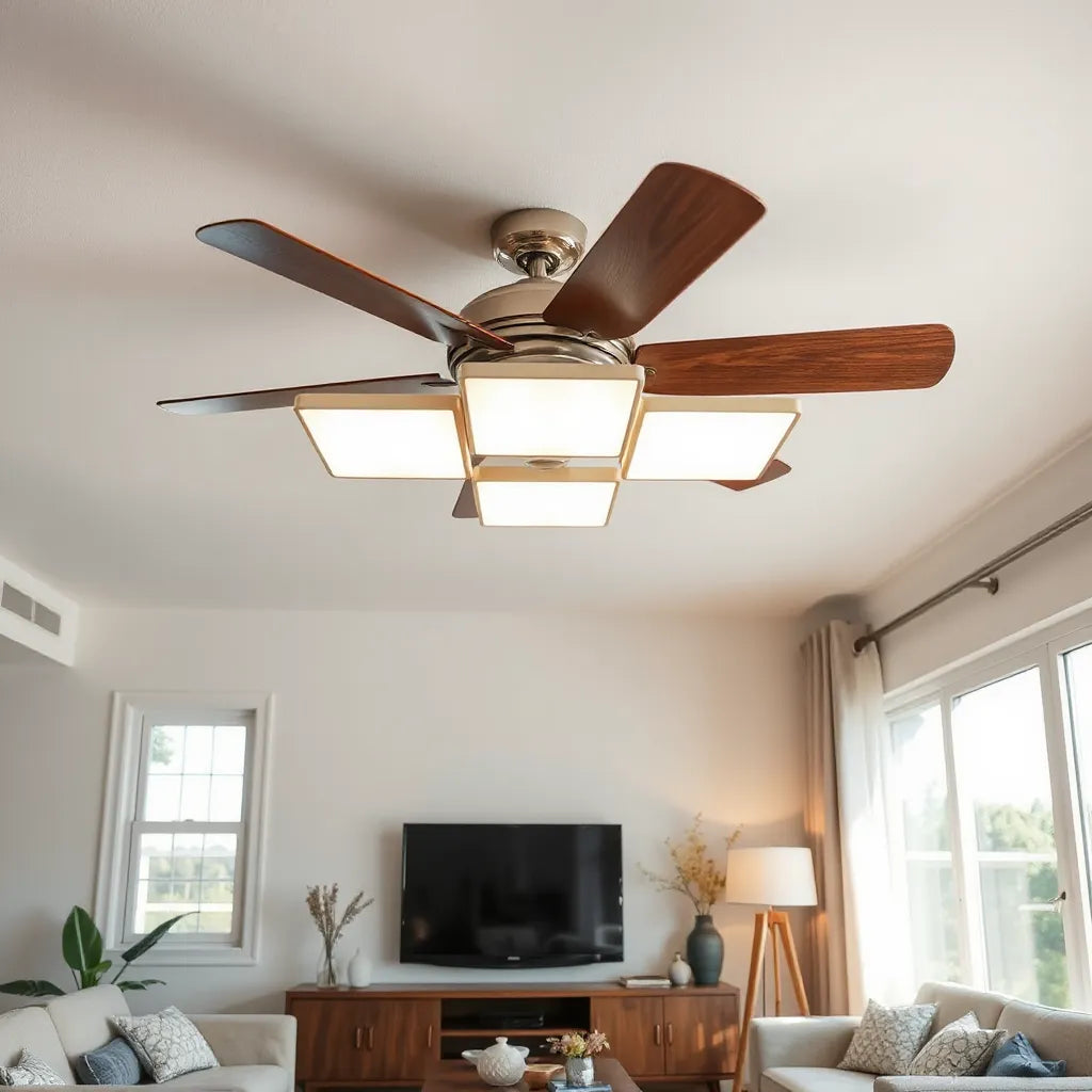 Ceiling fan with integrated LED lights glowing in a modern living room