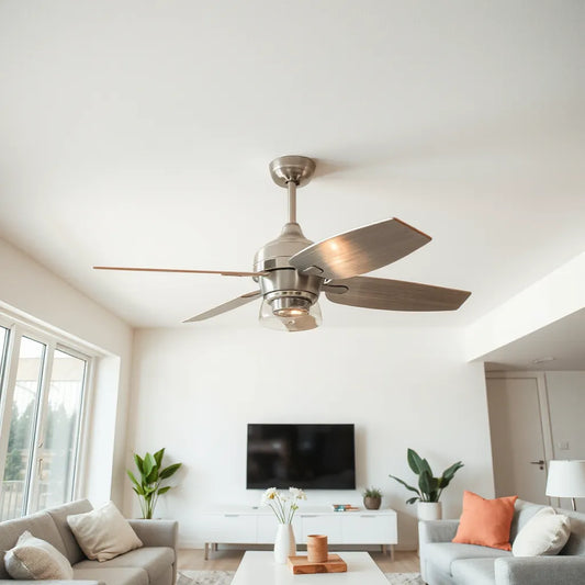Designer ceiling fan with sleek blades in a modern, uncluttered living room