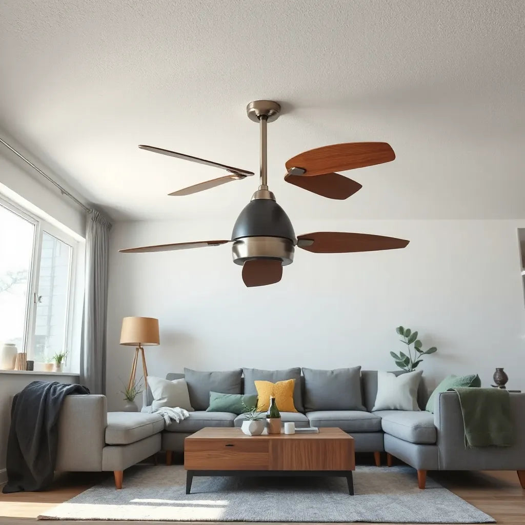 Distinctive ceiling fan with elegant blades in a modern, minimal living room