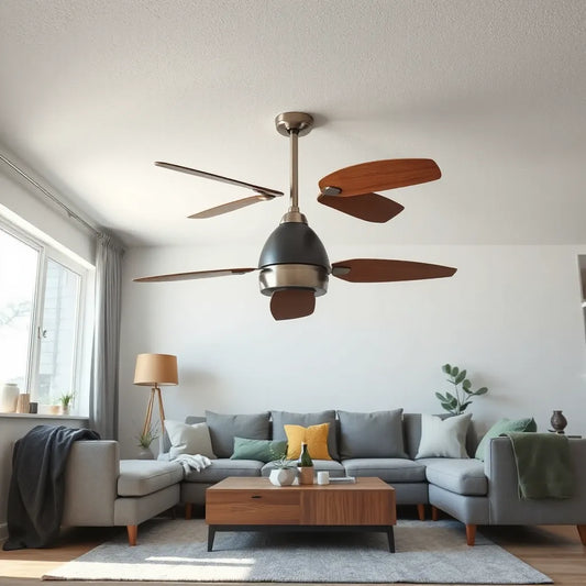 Distinctive ceiling fan with elegant blades in a modern, minimal living room