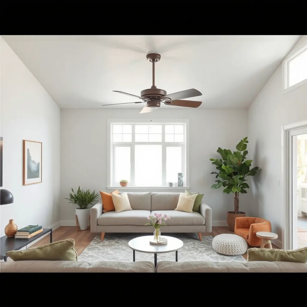 Tailored ceiling fan installation in a modern living room with neutral decor