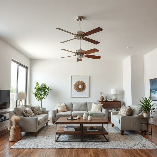 Large-room ceiling fan with wide blades centered above a modern living room