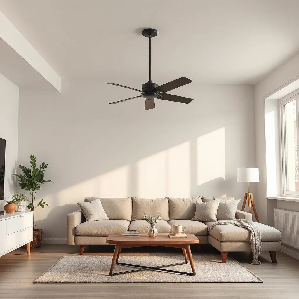 Modern living room with a stylish ceiling fan overhead and neutral furniture