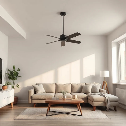 Modern living room with a stylish ceiling fan overhead and neutral furniture
