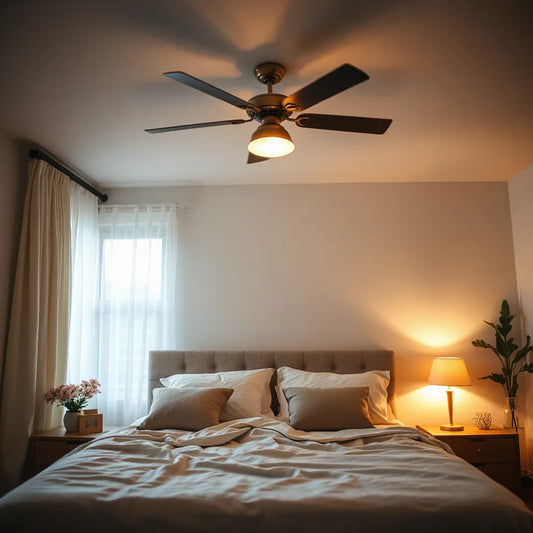 Quiet ceiling fan in a softly lit bedroom with minimal decor and gently moving curtains