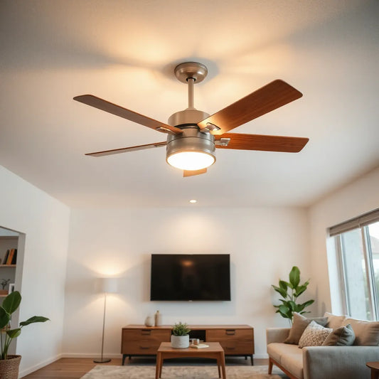Modern ceiling fan with integrated light in a clean living room setting