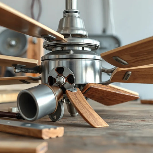 Durable ceiling fan components showing metal housing, composite blades, and protective finishes
