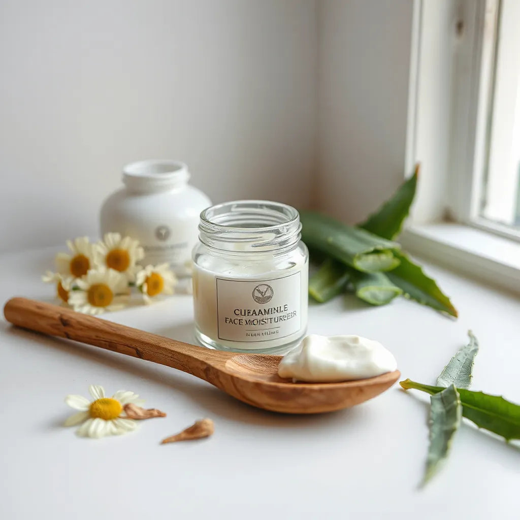 Natural face moisturizer jar with cream scoop and fresh chamomile and aloe on a clean countertop