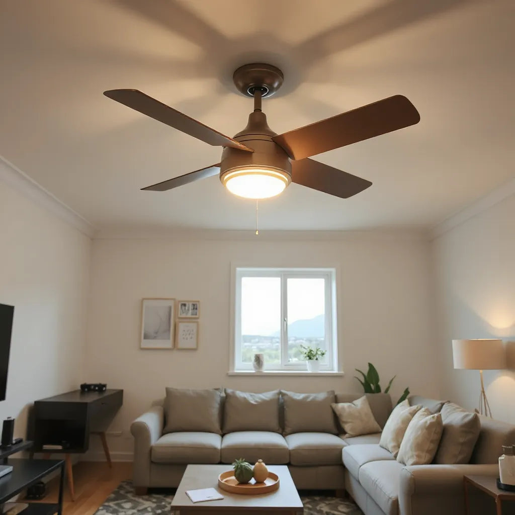 Modern ceiling fan with integrated LED light glowing in a bright living room