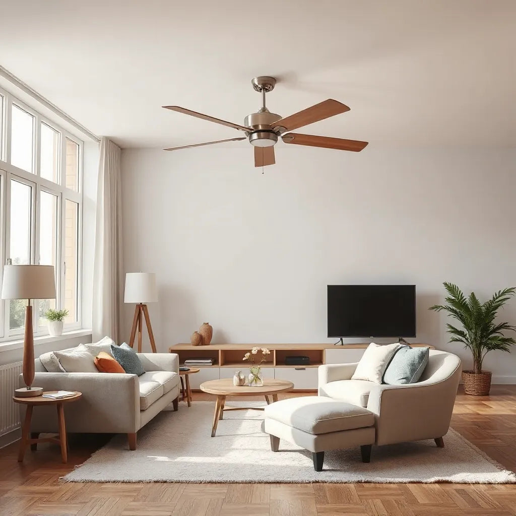 Sleek modern ceiling fan moving quietly in a bright living room with minimal decor