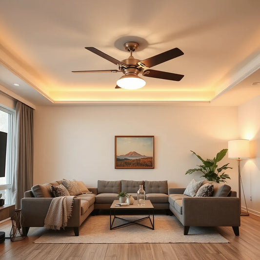 Modern ceiling fan with an integrated light in a bright, neutral living room