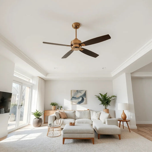 Stylish ceiling fan installed in a bright modern living room above comfortable seating