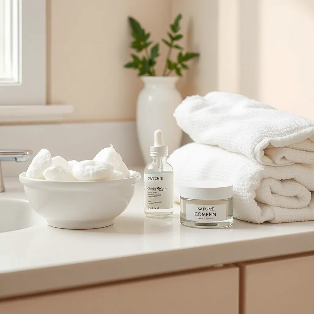 Gentle skincare products and cotton pads on a clean vanity with soft daylight