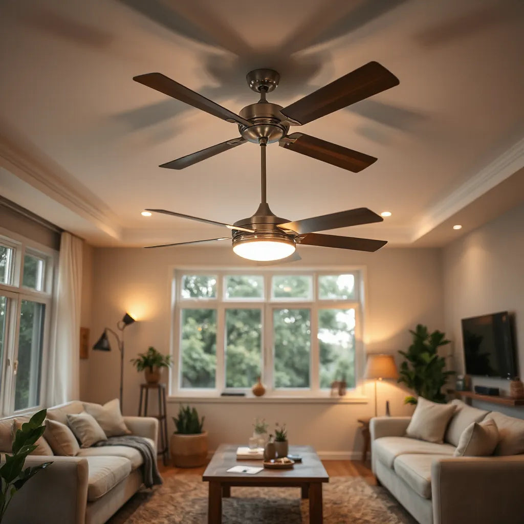 Modern ceiling fan with integrated LED lights in a bright, minimal living room