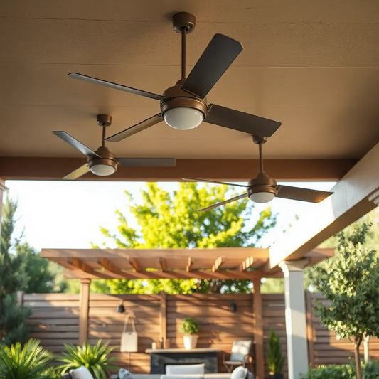 Outdoor ceiling fans on a covered patio ceiling with modern blades and a shaded pergola