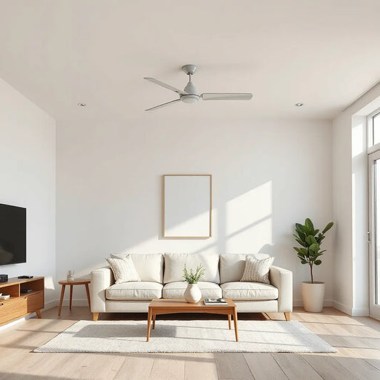Compact flush-mount ceiling fan in a small modern living room with low ceiling height