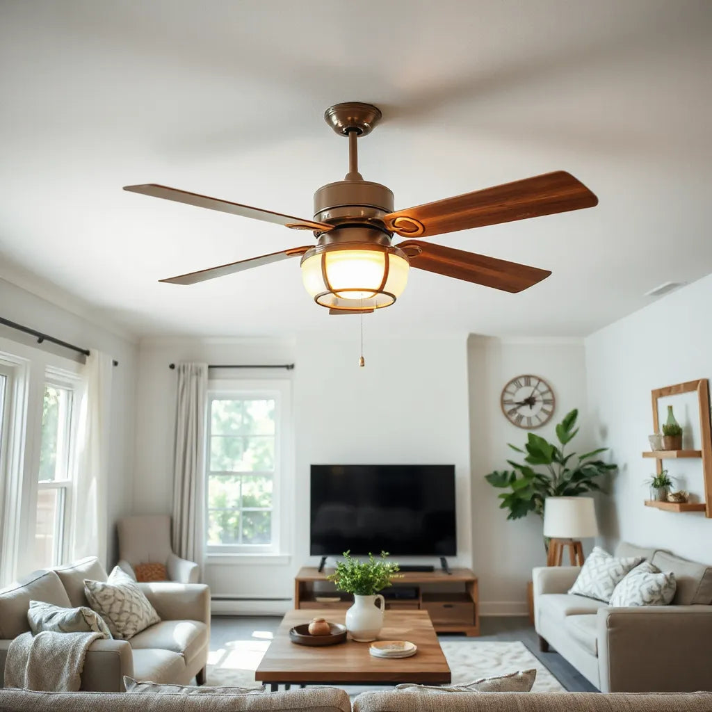 Elegant decorative ceiling fan with light kit mounted in a bright, stylish living room