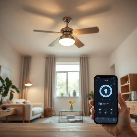 Modern ceiling fan with a smartphone showing smart fan controls in a bright living room