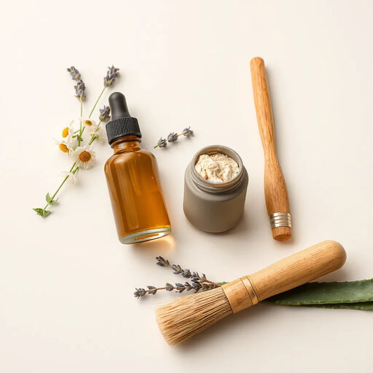 Matte vegan skincare containers with botanical ingredients on a light neutral tabletop