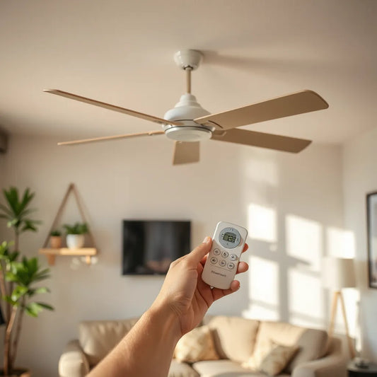Modern ceiling fan with a remote control in hand in a bright living room