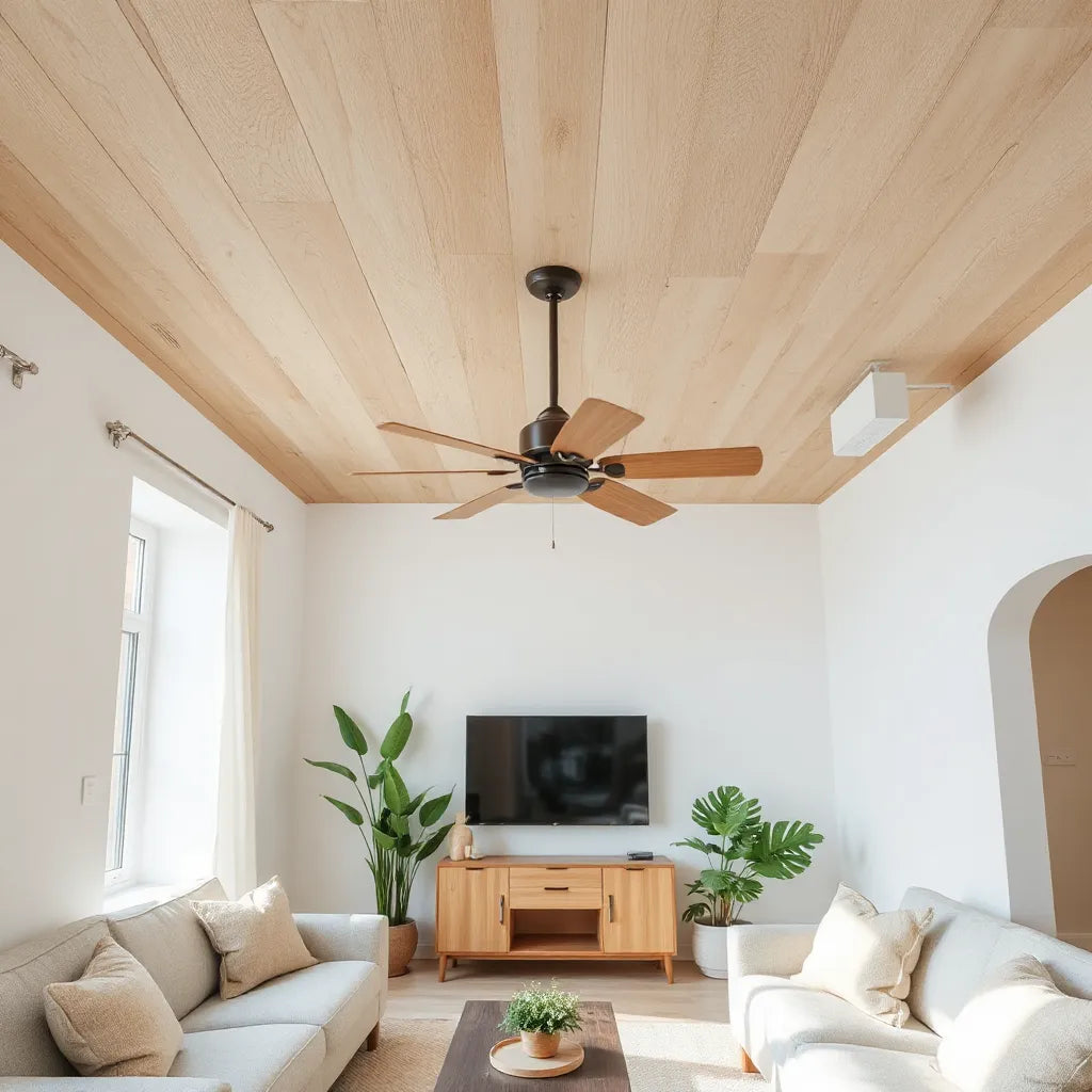 Modern living room ceiling with a quiet eco-friendly ceiling fan and natural wood accents