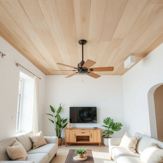 Modern living room ceiling with a quiet eco-friendly ceiling fan and natural wood accents