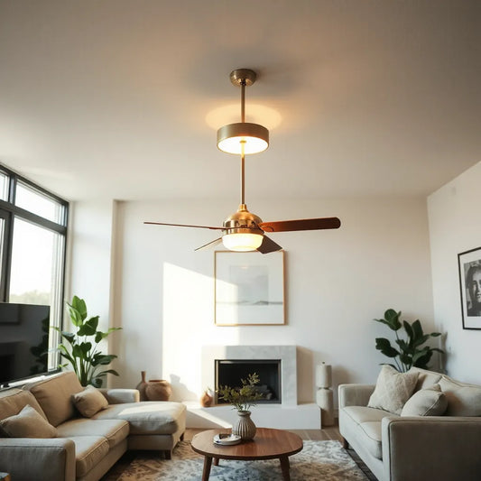 Modern ceiling fan with integrated light illuminating a clean, contemporary living room
