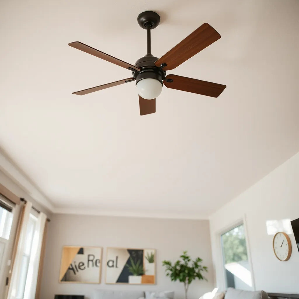 Modern ceiling fan with an extended downrod installed on a high ceiling in a bright living room