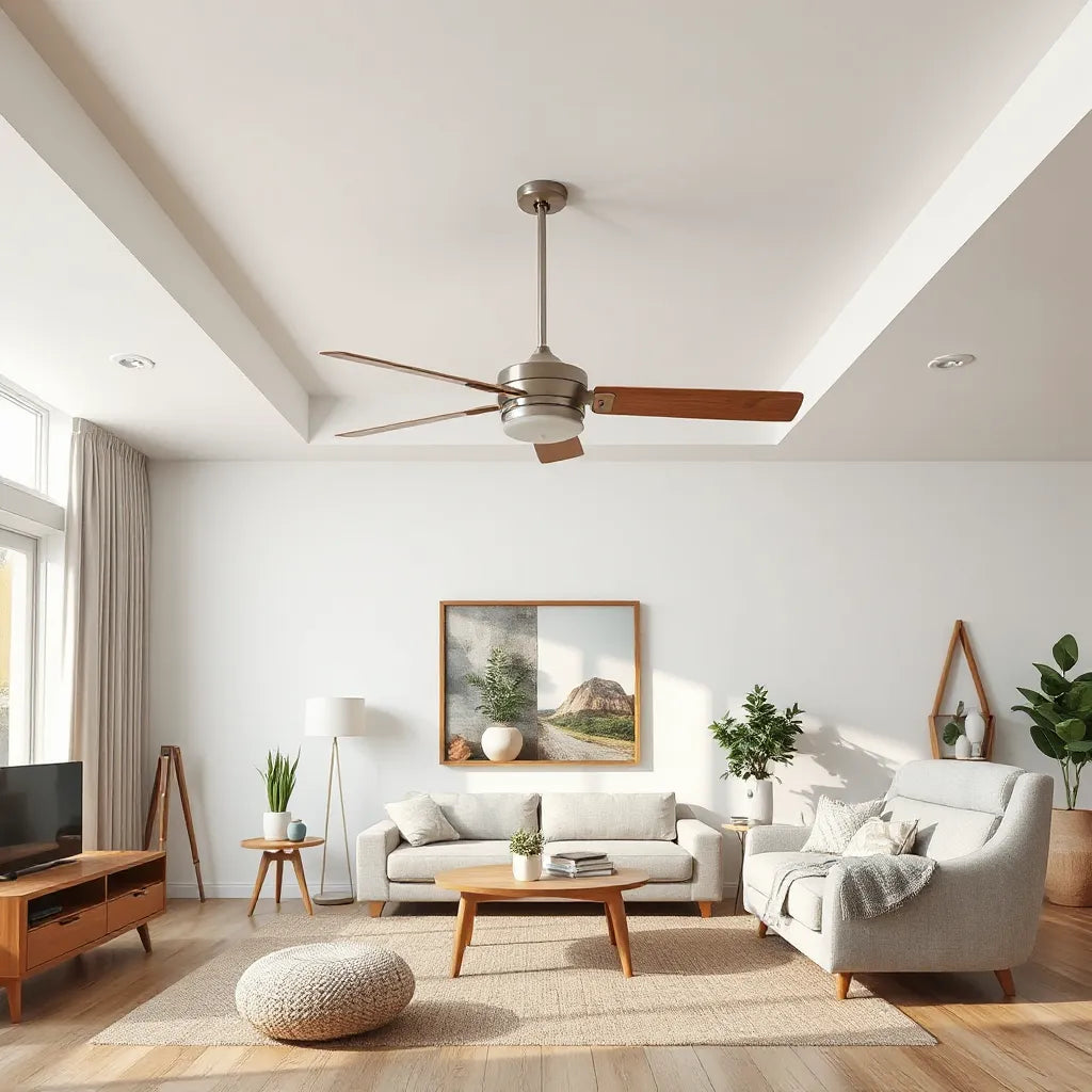 Low-profile ceiling fan mounted close to the ceiling in a modern living room