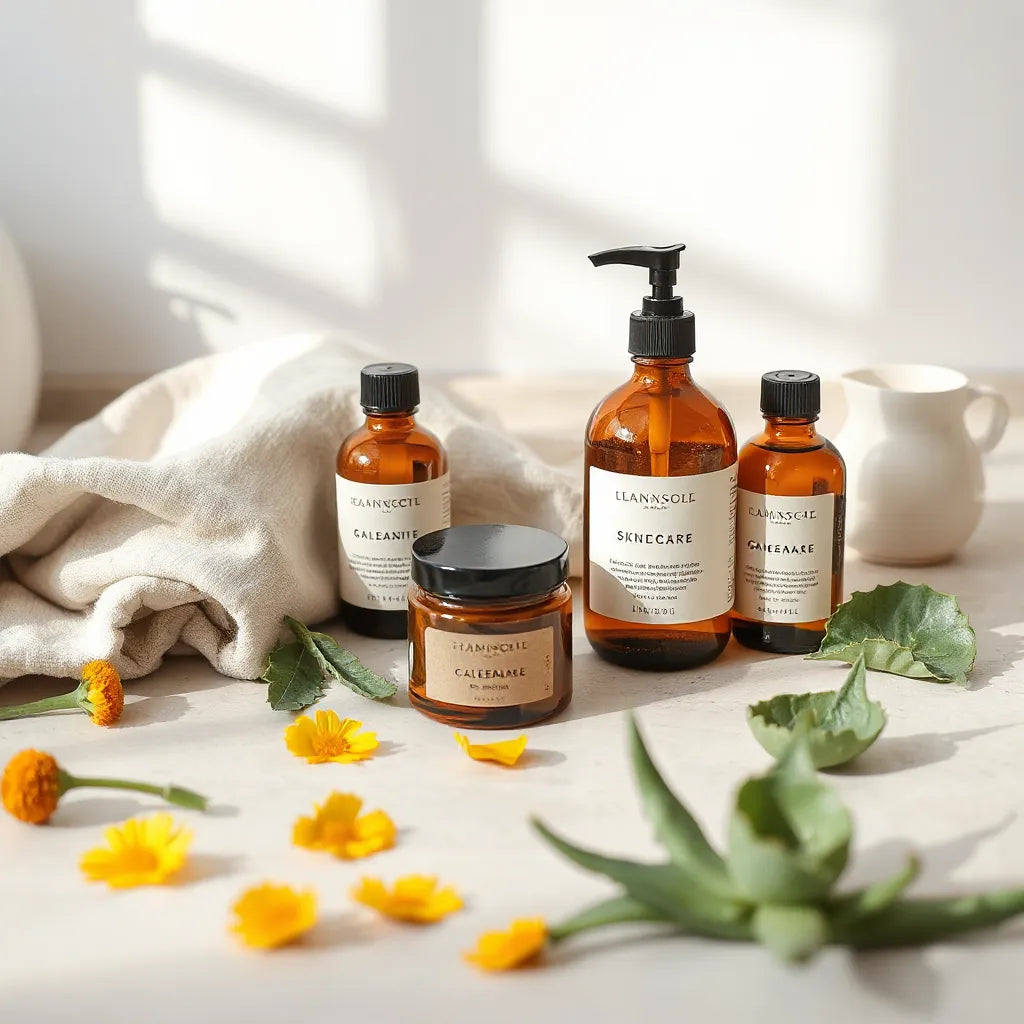 Glass organic skincare jars and bottles with fresh botanicals on a clean neutral vanity