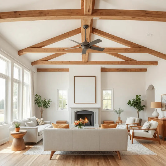 Farmhouse ceiling fan in a bright living room with wood beams and neutral decor