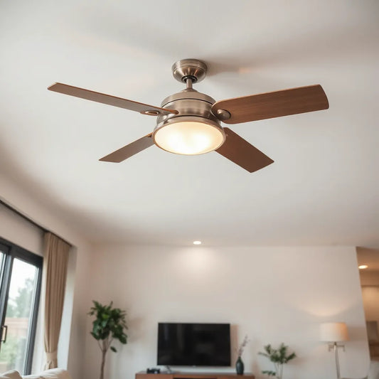 Sleek modern ceiling fan in a bright living room with neutral decor and soft ambient light