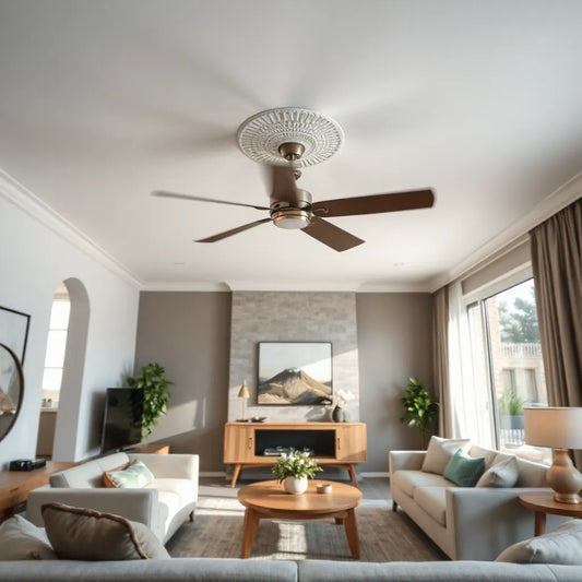 Modern living room with a centered ceiling fan showing motion on the blades for strong airflow