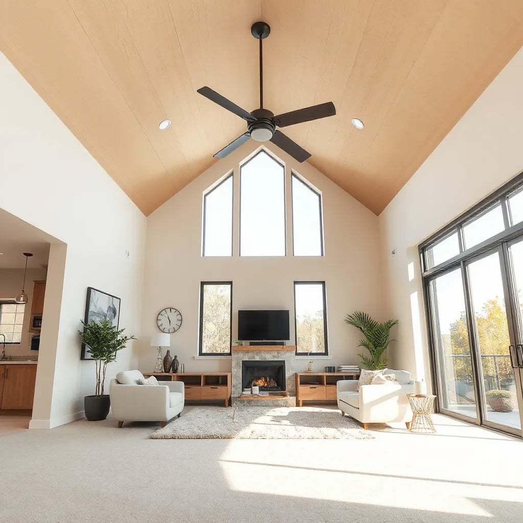 Ceiling fan mounted with a downrod in a high-ceiling living room with natural light