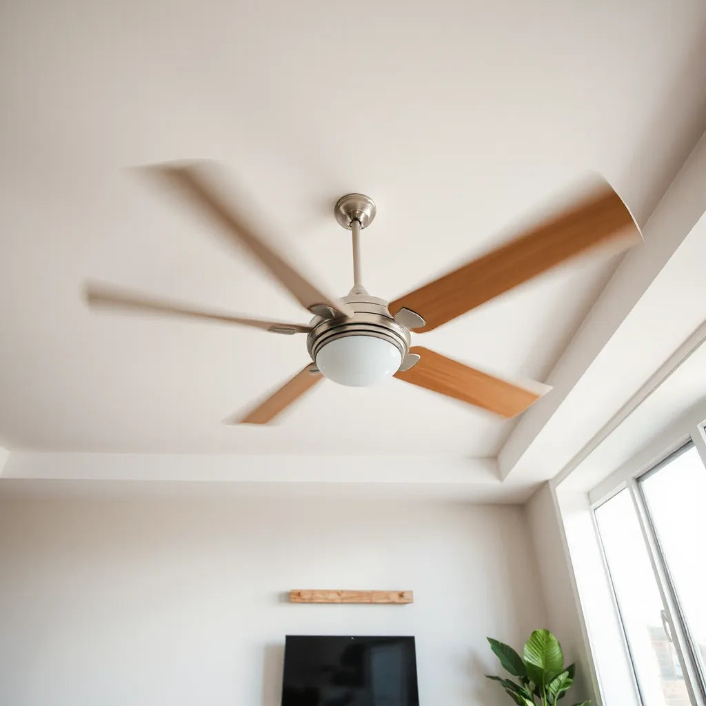 Modern living room ceiling fan with visible blades spinning in soft daylight