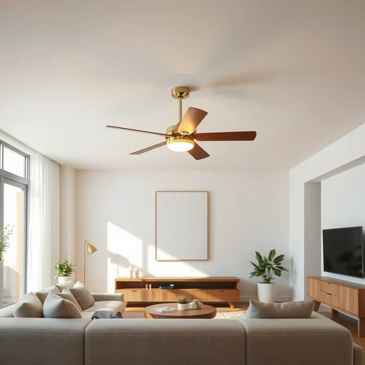 Modern ceiling fan with integrated LED lights in a bright, neutral living room