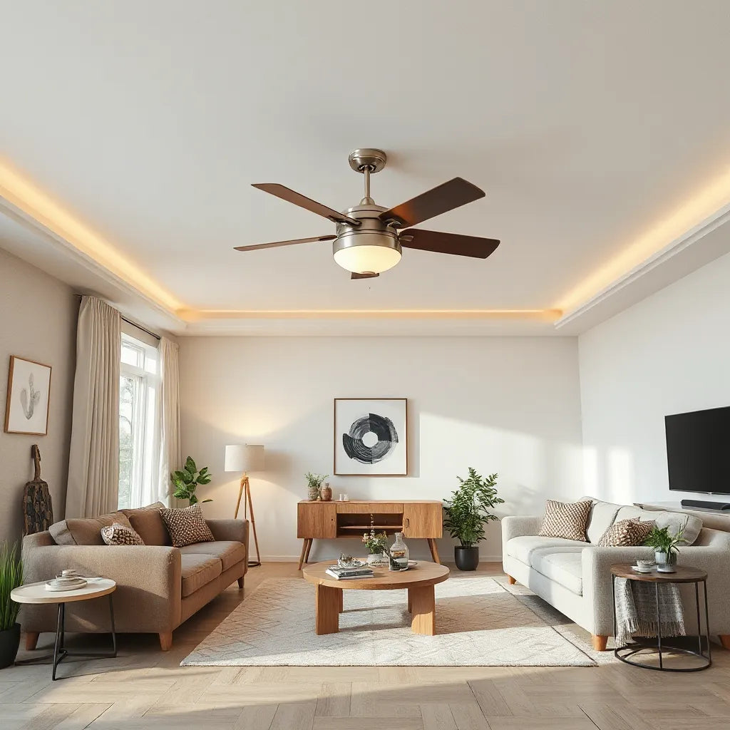 Modern ceiling fan with integrated light in a bright living room