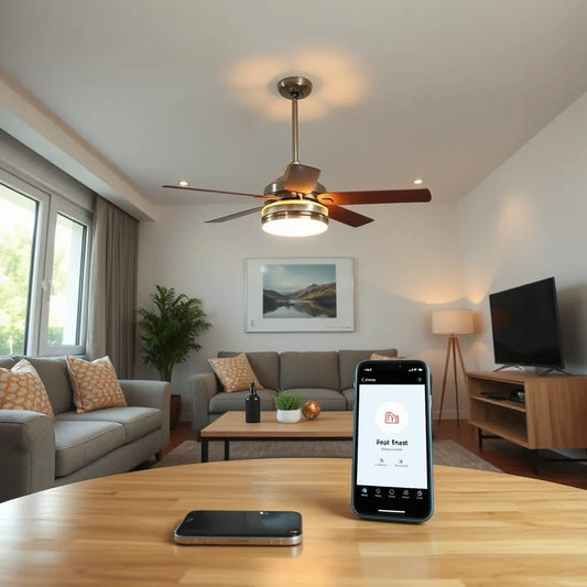 Modern living room with a ceiling fan and a smartphone showing home control for comfort