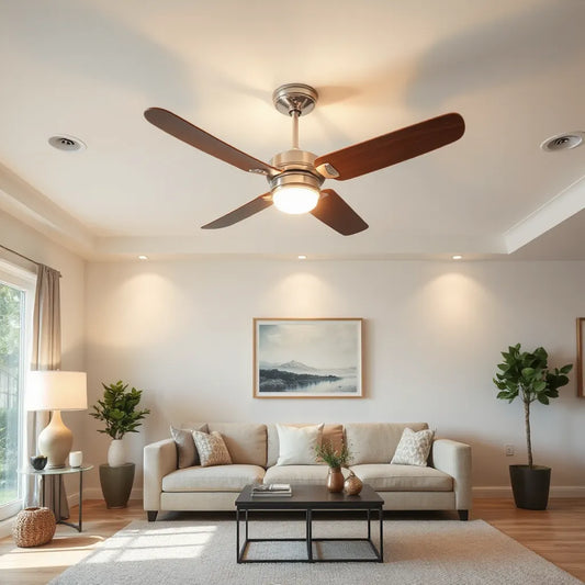 Modern ceiling fan with integrated light fixture in a bright living room