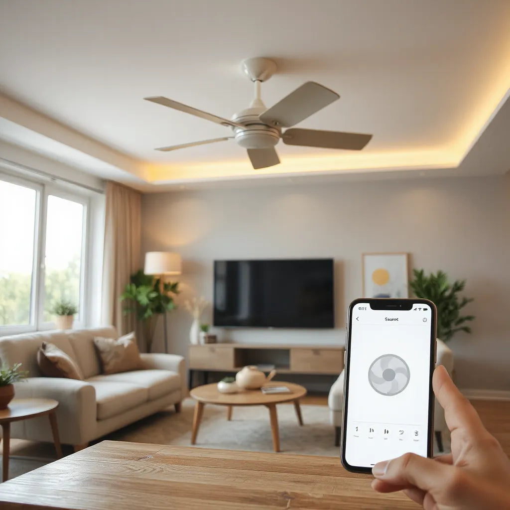 Modern ceiling smart fan with a smartphone controlling airflow in a bright living room