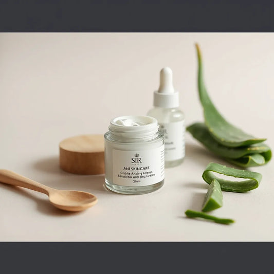 Anti-aging cream jar and dropper bottle with soft lighting and subtle botanical accents