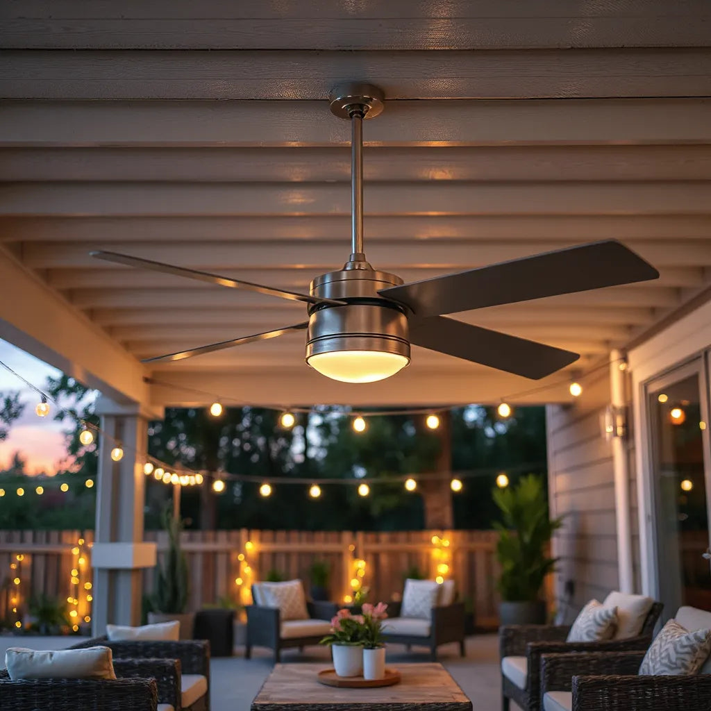 Modern outdoor ceiling fan mounted under a covered patio ceiling at dusk