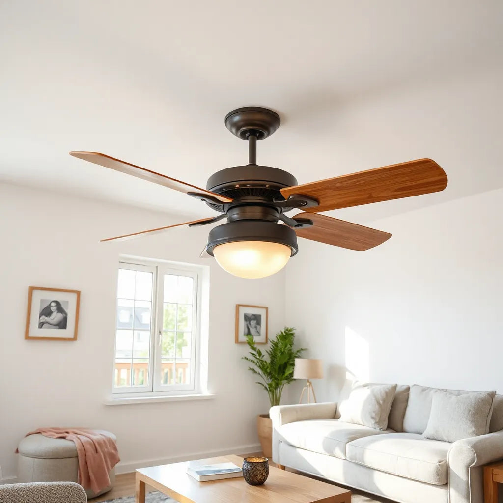 Decorative ceiling fan with elegant blades in a modern living room setting