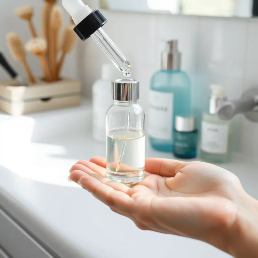 Dropper dispensing hydrating serum for dry skin onto a palm on a bright vanity