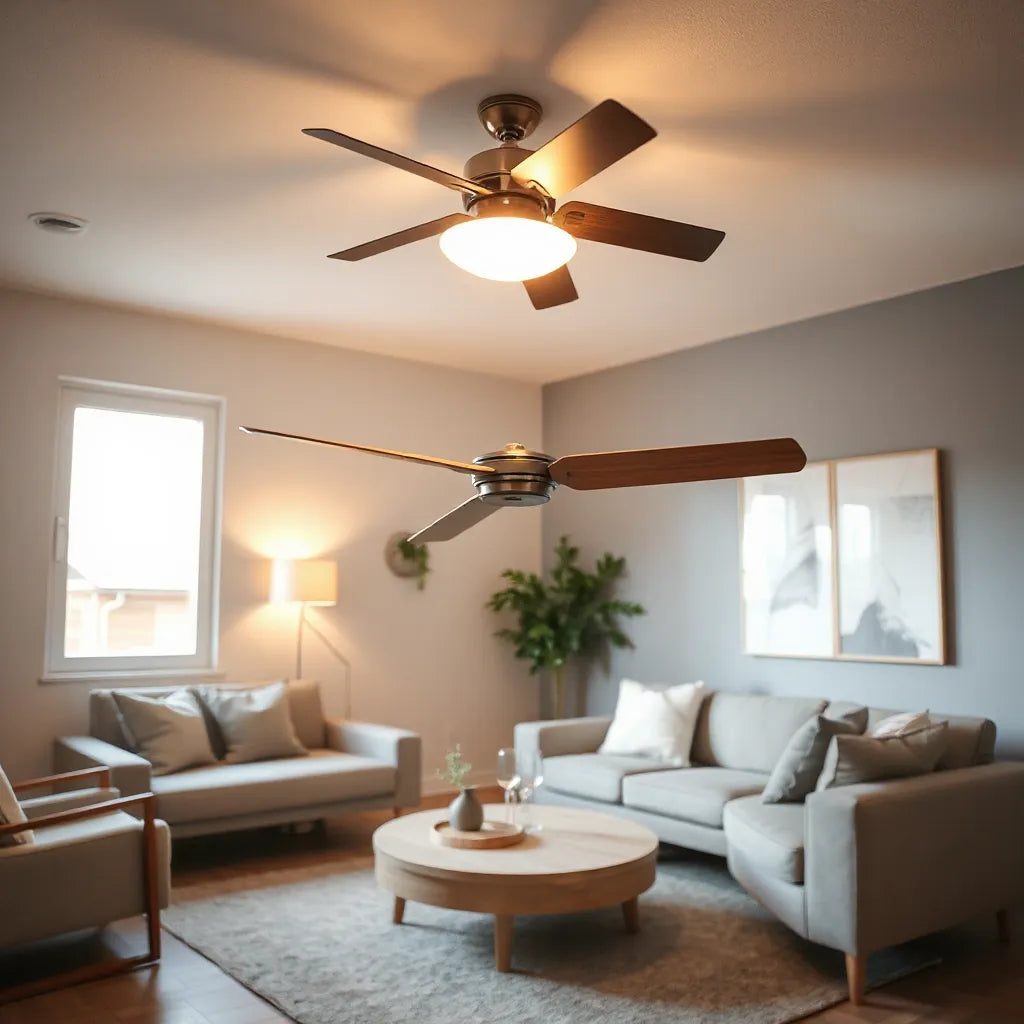 Modern living room with a ceiling fan and warm ambient light, showing smooth, quiet operation