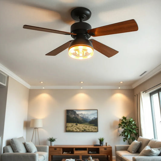 Energy efficient ceiling fan with integrated LED lights in a modern living room