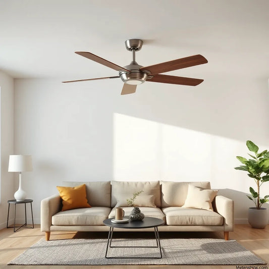Modern ceiling fan with multiple blade and finish options in a bright, minimal living room