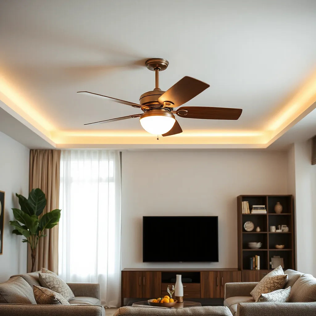 Decorative ceiling fan centered in a modern living room with warm natural lighting