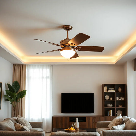 Decorative ceiling fan centered in a modern living room with warm natural lighting